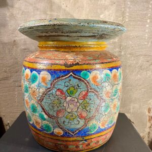 Houten melkpot kleur blauw met bloemen